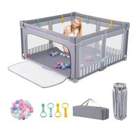 COSTWAY Parc Bebe Pliable avec 50 Balles Océaniques, 150 x 150 x 76,5 cm, Parc Enfant sans BPA pour Tout-petits, Filet Respirant, Portail Zippé, 4 Anneaux de Traction, Clôture Large en Oxford (Gris)