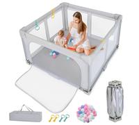 COSTWAY Parc Bebe Pliable avec 50 Balles Océaniques, Parc Enfant sans BPA pour Tout-petits avec Portail Zippé, 4 Anneaux de Traction, Clôture Large en Tissue Oxford