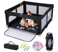 COSTWAY Parc Bebe Pliable avec 50 Balles Océaniques, Parc Enfant sans BPA pour Tout-petits avec Portail Zippé, 4 Anneaux de Traction, Clôture Large en Tissue Oxford (Noir,150 x 150 x 76,5 cm)