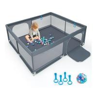 Costway Parc Bébé Xl 200 X 180cm Sans Bpa Porte Grillagée Et Porte En Tissu Oxford 4 Anneaux,50 Balles Océaniques 10 Mois+ Gris Multicolore