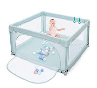 COSTWAY Parc de Jeu pour Bébé, Aire d'Activités Portable pour Enfants avec Porte de Sécurité, Parois en Maille Respirante, Ventouses Antidérapantes et 50 Boules Colorées (126 x 126 x 68 cm, Bleu)