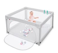 COSTWAY Parc de Jeu pour Bébé, Aire d'Activités Portable pour Enfants avec Porte de Sécurité, Parois en Maille Respirante, Ventouses Antidérapantes et 50 Boules Colorées (126 x 126 x 68 cm, Gris)