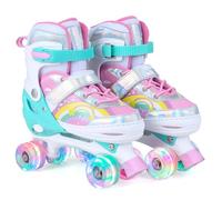 COSTWAY Patins à roulettes Réglables pour Enfants de 5 à 14 Ans, Rollers Quad Réglables en 4 Tailles Roues Lumineuses, Motif Arc-en-Ciel Extérieur/Intérieur pour Garçons et Filles (L | EU 38-41,Rose)