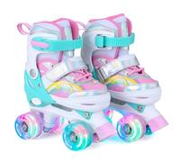 COSTWAY Patins à roulettes Réglables pour Enfants de 5 à 14 Ans, Rollers Quad Réglables en 4 Tailles Roues Lumineuses, Motif Arc-en-Ciel Extérieur/Intérieur pour Garçons et Filles (S | EU 30-33,Rose)