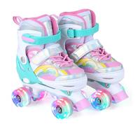 COSTWAY Patins à roulettes Réglables pour Enfants de 5 à 14 Ans, Rollers Quad Réglables en 4 Tailles Roues Lumineuses, Motif Arc-en-Ciel Extérieur/Intérieur pour Garçons et Filles (M | EU 34-37,Rose)