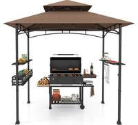 COSTWAY Pavillon de barbecue avec double toit, étagères latérales, panier métallique, crochet & ouvre-bouteille, abris pour barbecue résistant aux intempéries, 242x153x250cm brun