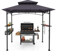COSTWAY Pavillon de barbecue avec double toit, étagères latérales, panier métallique, crochet & ouvre-bouteille, abris pour barbecue résistant aux intempéries, 242x153x250cm Gris foncé