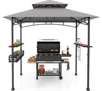 COSTWAY Pavillon de barbecue résistant aux intempéries, abri pour barbecue avec double toit, étagères latérales, panier métallique, crochet & ouvre-bouteille, abris pour barbecue 242x153x250cm