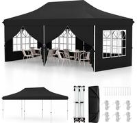 COSTWAY Pavillon pliable 3x6m avec 6 parois latérales amovibles, sac de transport, pavillon réglable en hauteur hydrofuge, protection UV 50+ noir
