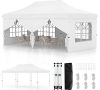 COSTWAY Pavillon pliable 3x6m avec 6 parois latérales amovibles, sac de transport, pavillon réglable en hauteur hydrofuge, protection UV 50+ blanc