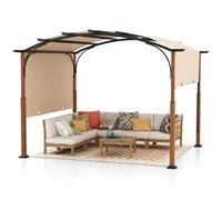 COSTWAY Pergola Rétractable d'Extérieur 300 x 360 CM, Pergola Métallique à Arcs pour Patio avec Auvent Rétractable Poteaux Aspect Bois, Tonnelle Treillis pour Jardin Patio Porche Cou (Beige)