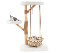COSTWAY Petit Arbre a Chat 66 cm, Arbre a Chat en Bois d’Poirier, Berceau, Poteaux à Griffer en Jute, 3 Plateformes, Tour pour Chaton à 4 Niveaux, Tissu en Peluche, Coussin Amovible Lavable