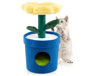 COSTWAY Petit Arbre à Chat 72 cm, Arbre a Chat Design en Forme de Pot de Fleurs, Condo, Plateformes, Poteaux à Griffer en Jute, Tour pour Chaton, Feuilles Pliables, Coussin Amovible (Jaune)