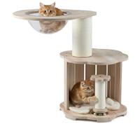 COSTWAY Petit Arbre à Chat Bois 73 cm, Condo, Capsule, Circuit à Billes pour Chat en Bois avec 4 Balles, 2 Poteaux à Griffer, Arbre a Chat Design, Coussin Amovible Lavable, Pompon Suspendu
