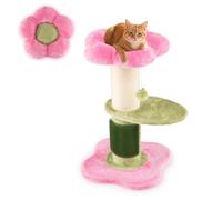 COSTWAY Petit Arbre à Chat Fleur 69 cm, 2 Plateformes, Ø13 cm Poteau à Griffer en Sisal, Brosse d'Toilettage, Arbre a Chat Design à 3 Niveaux, Pompon Suspendu, Tissu Peluche, 40 x 40 x 69 cm (Rose)