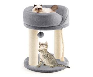 COSTWAY Petit Arbre à Chat Pas Cher 2 Poteaux en Sisal et Peluche Douce, Griffoir pour Chat avec Boule de Fourrure,43x43x53cm Charge 10kg pour Gratter Détendre Dormir, Montage Facile (Gris)