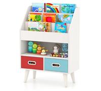 COSTWAY Petit Bibliothèque pour Enfants à 3 Niveaux, Compartiment Ouvert, 2 Tiroirs Pliables en Tissu, Kits Anti-basculement, Blanc