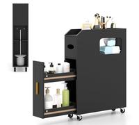 COSTWAY Petit Meuble de Salle de Bain, Meuble de Rangement Fin de 16 cm sur Roulette, Tiroir Coulissant, Rangement de Papier Toilette, Porte-Balayette, Verrouillables. pour Petits Espaces (Noir)