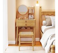 COSTWAY Petite Coiffeuse avec Miroir, Coiffeuse avec Rangement en Bambou, 2 Tiroirs, Étagères Ouvertes, Plateau en Verre, Table de Maquillage Compacte, 60 cm x 46,5 cm x 122 cm (avec Tabouret)