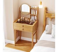 COSTWAY Petite Coiffeuse avec Miroir, Coiffeuse avec Rangement en Bambou, 2 Tiroirs, Étagères Ouvertes, Plateau en Verre, Table de Maquillage Compacte, 60 cm x 46,5 cm x 122 cm (sans Tabouret)