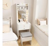 COSTWAY Petite Coiffeuse avec Miroir et Tabouret, Coiffeuse avec Rangement, Lumières Réglables en 3 Couleur, Station de Charge, Table de Maquillage, Panneau Rabattable, 2 Tiroirs, 72 x 39 x 151 cm