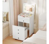 COSTWAY Petite Coiffeuse avec Miroir Rabattable et Tabouret, Bureau Coiffeuse à roulettes, Lumière et Luminosité Réglables, Tabouret de Rangement, Table de Maquillage, Tiroirs, 50,5 x 40,5 x 85 cm