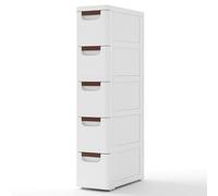 COSTWAY Petite Commode Étroite, Meuble Rangement 5 Tiroirs en Plastique, Commode Salle de Bain à Roulette, Petite Armoire Chiffonnier pour Recoin,42 x 19 x 91 cm (5 Étages)