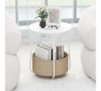 COSTWAY Petite Table Basse Ronde avec Panier en Tissu, Table d'Appoint avec Rangement, Cadre en Métal, Design Moderne, pour Salon, Chambre, Bureau (Blanc)
