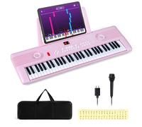 COSTWAY Piano Numérique 61 Touches avec Microphone & Pupitre, Clavier Électronique Portable avec 2 Haut-Parleurs & Autocollants, 100 Rythmes, 100 Timbres, Sac de Transport pour Débutants (Rose)
