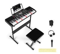 COSTWAY Piano Numérique 61 Touches avec Tabouret et Support Réglable, Clavier Piano avec Casque et Microphone et Pupitre, Touches Lumineuses, Fonction MIDI, 200 Sons 200 Rythmes pour Débutants