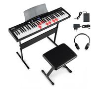 COSTWAY Piano Numérique 61 Touches avec Tabouret et Support Réglable, Clavier Piano Taille Complète avec Casque, Pupitre, Pédale de Sustain, Fonction MIDI, 128 Sons 128 Rythmes pour Débutants