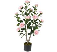 COSTWAY Plante Artificielle à Fausses Fleurs de 90 cm, Fausse Plante Camélia Artificiel dans Un Pot Pépinière avec 16 Fleurs, Décoration de Magasin Bureau Maison (Rose)