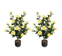 COSTWAY Plante Artificielle à Fausses Fleurs de 95 cm, Fausse Plante Camélia Artificiel dans Un Pot Remplies de Ciment avec 24 Fleurs, Décoration de Magasin Bureau Maison (Jaune)