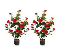 COSTWAY Plante Artificielle à Fausses Fleurs de 95 cm, Fausse Plante Camélia Artificiel dans Un Pot Remplies de Ciment avec 24 Fleurs, Décoration de Magasin Bureau Maison (Rouge)