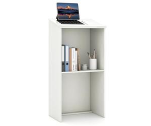 COSTWAY Podium Debout en Bois, Pupitre 117 cm, Surface Inclinée avec Rebord, Lutrin avec Étagère de Rangement et Trous pour Câbles, pour Église, Bureau, École, Séminaire (Blanc)