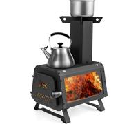 COSTWAY Poêle fusée Outdoor, 2 surfaces de cuisson avec vitre et poêle à cendres, Poêle de tente Poêle de camping