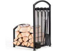 COSTWAY Porte-bûche de Cheminée en Fer avec 4PCS Serviteurs de Cheminée,Pince Brosse Pelle Tisonnier Accroché sur Panneau en Maille