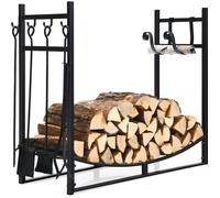 COSTWAY Porte-Bûches de Cheminée en Bois en Acier avec 6 Crochets, Pelle, Tisonnier, Pinces, Brosse Charge 50 KG 90 x 33 x 77 cm
