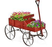 COSTWAY Porte-fleurs Chariot en bois Chariot pour plantes Chariot pour fleurs avec roues en métal Bac à fleurs Support pour plantes pour jardin et terrasse 34x62x60cm (Rouge)