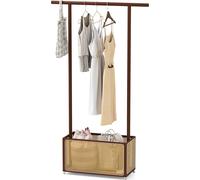 COSTWAY Porte-manteau avec panier de rangement en rotin PE & roulettes, porte-manteau en bambou, porte-manteau 2 en 1, marron,100 x 32,5 x 172 cm