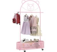 COSTWAY Porte-manteau pour enfants réglable en hauteur de 130cm/150cm/182cm, porte-manteau sur roulettes, porte-manteau de dessin animé avec panier & décoration ourson