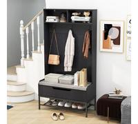 COSTWAY Porte Manteaux avec Banc à Chaussures Rembourré, Meuble d'Entrée 170 cm, 3 Patères Double, 2 Compartiments, Cadre en Métal, Kit Anti-basculement, Porte-vêtements pour Salon (Noir)