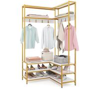 COSTWAY Porte Manteaux d'Angle 178 cm, Meuble d'Entrée avec Banc à Chaussures, 7 Patères, Etagères Ouvertes, Cadre en Métal, Kit Anti-basculement, Porte-vêtements pour Chambre (Doré)