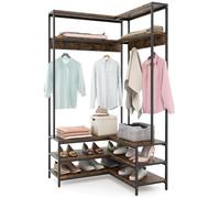 COSTWAY Porte Manteaux d'Angle 178 cm, Meuble d'Entrée avec Banc à Chaussures, 7 Patères, Etagères Ouvertes, Cadre en Métal, Kit Anti-basculement, Porte-vêtements pour Chambre (Marron rustique)