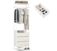 COSTWAY Porte Manteaux Entrée 3 en 1, Commode 3 Tiroirs Pliables, Tringle à 3 Positions, 1 Séparateur, Surface en PVC, Cadre en Métal, Kits Anti-Renversement, Portant à Vêtement pour Vestiaire (Blanc)