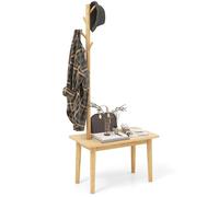 COSTWAY Porte Manteaux sur Pieds Bois 3 en 1, Meuble d'Entrée avec Banc, 4 Crochets, Table d’Appoint avec Portant à Vêtement en Bois, Vestiaire pour Entrée, Chambre, 76 x 43 x 168 cm (Naturel)
