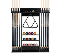 COSTWAY Porte-Queues de Billard Mural 8 Queues et Rainures à 3 Niveaux 15 Porte-balles 1 Porte-boules Triangle en Bois Club Noir
