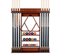 COSTWAY Porte-Queues de Billard Mural, Support de Billard 8 Queues et Rainures à 3 Niveaux 15 Porte-balles, 1 Porte-boules en Bois de Pin pour Salle de Billard, Club (Marron)