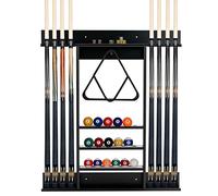 COSTWAY Porte-Queues de Billard Mural, Support de Billard 8 Queues et Rainures à 3 Niveaux 15 Porte-balles, 1 Porte-boules en Bois de Pin pour Salle de Billard, Club (Noir)