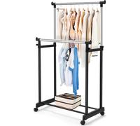 COSTWAY Portemanteau avec 2 barres de penderie réglables en hauteur, portemanteau sur roulettes, portemanteau à roulettes Chariot portemanteau, chariot portemanteau stable, 86 x 43 x 94-168cm, noir
